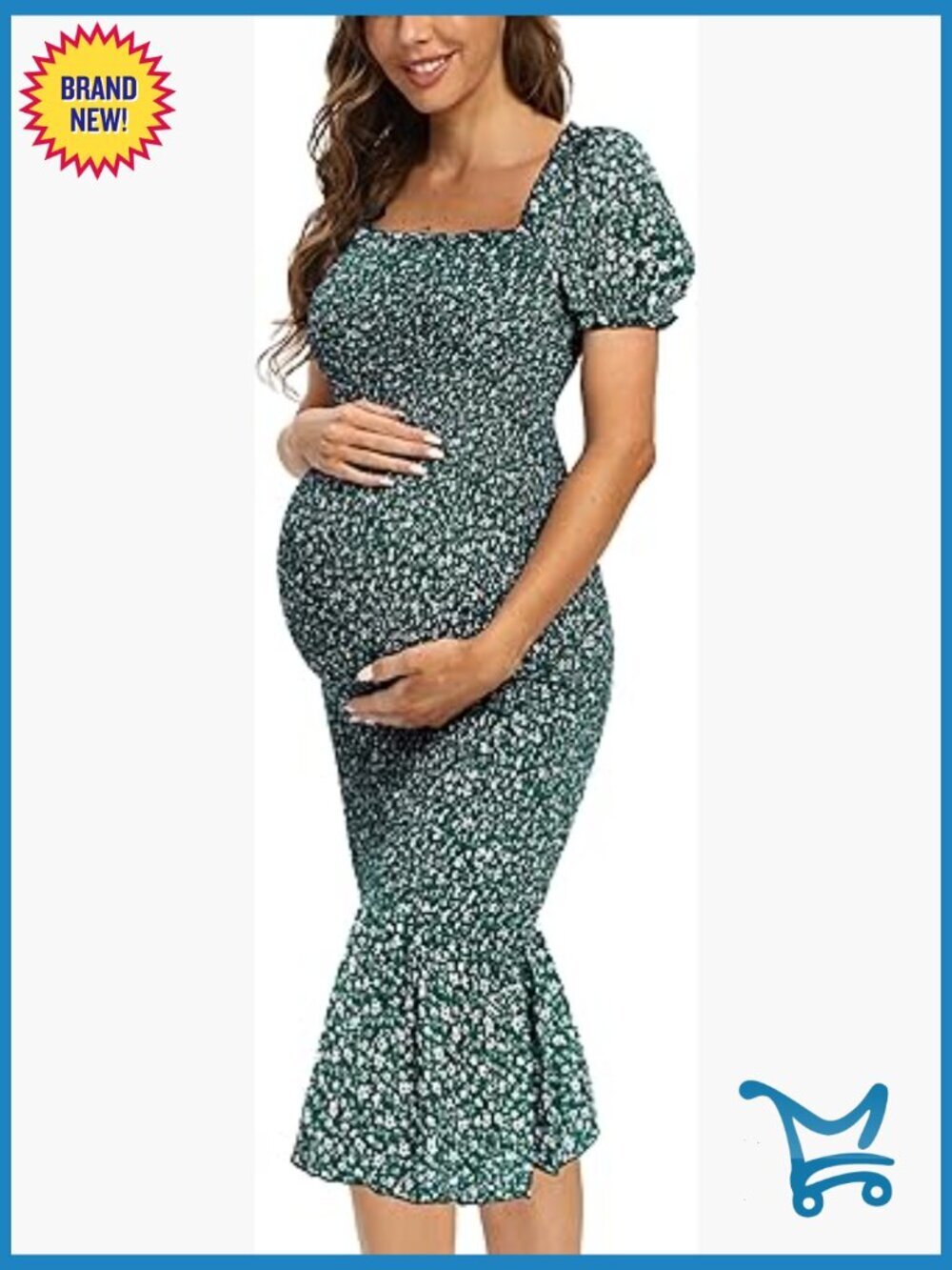 Puff Sleeve Maternity Dress Floral Ruffle Hem Mermaid Baby Shower
